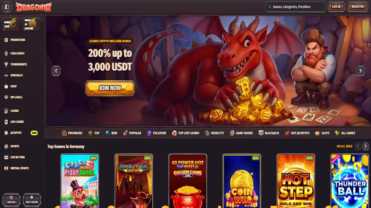Dragonia Casino homepage overview